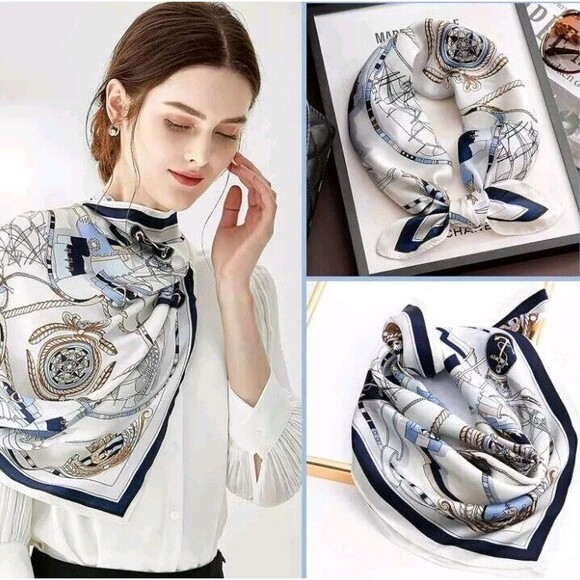 Roizsx Fashion Head Scarf Square Satin for Hair Beach Print Old Ship Navy/White - Picture 1 of 12
